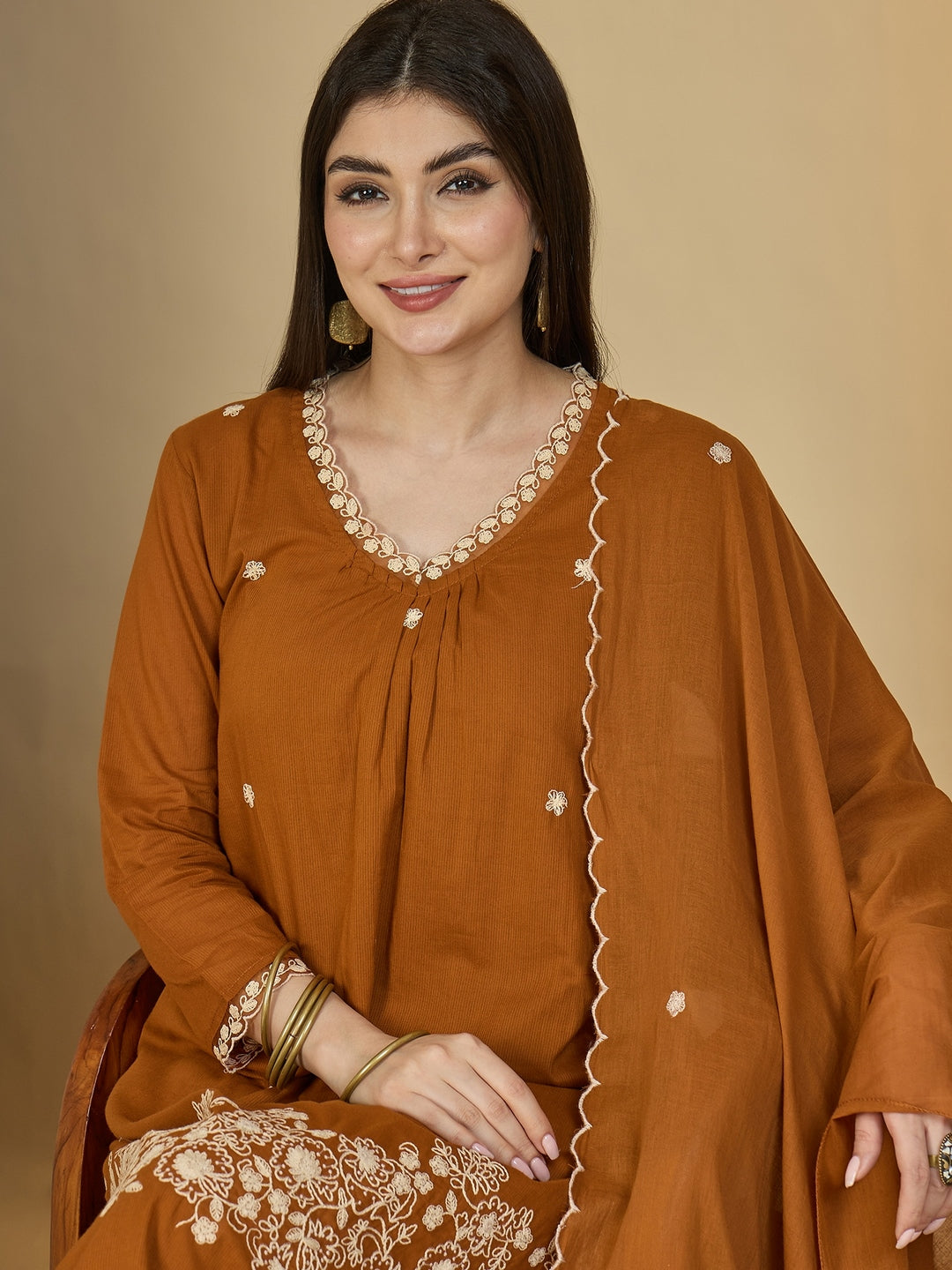 Cotton Calf Length Solid 3/4 Sleeves V-Neck A-Line Kurta Suit Set With Dupatta