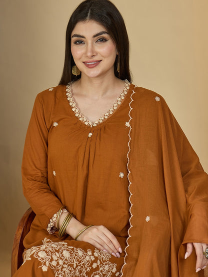 Cotton Calf Length Solid 3/4 Sleeves V-Neck A-Line Kurta Suit Set With Dupatta