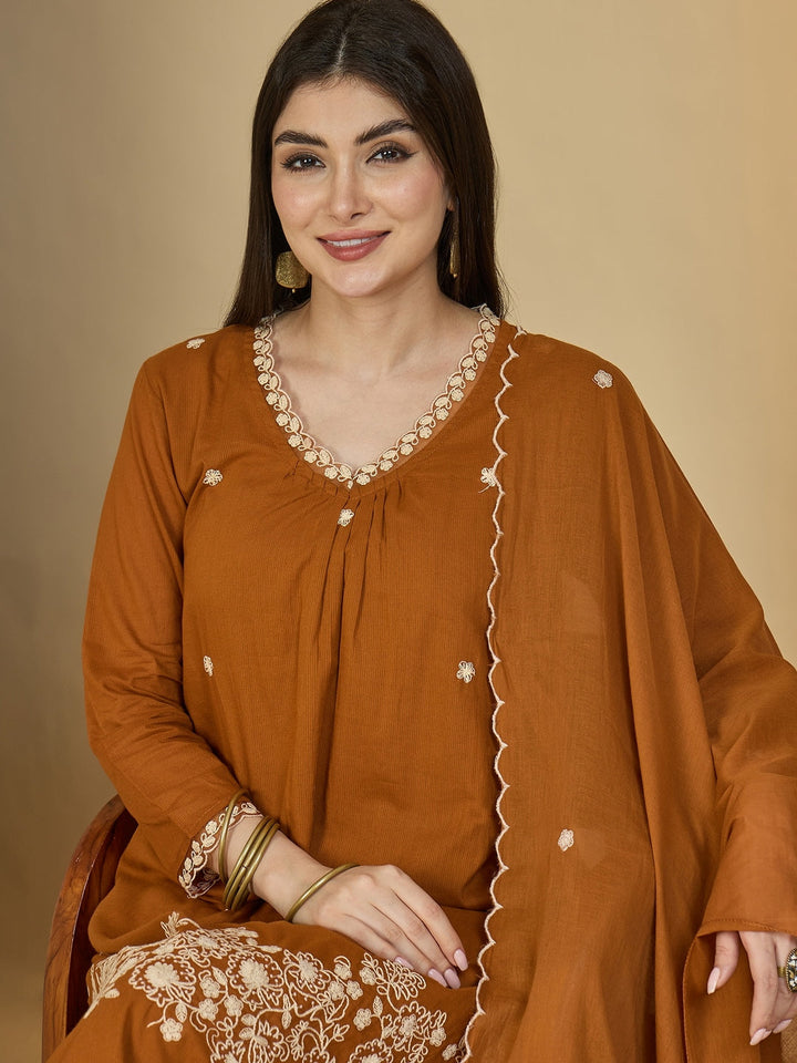 Cotton Calf Length Solid 3/4 Sleeves V-Neck A-Line Kurta Suit Set With Dupatta