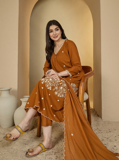 Cotton Calf Length Solid 3/4 Sleeves V-Neck A-Line Kurta Suit Set With Dupatta