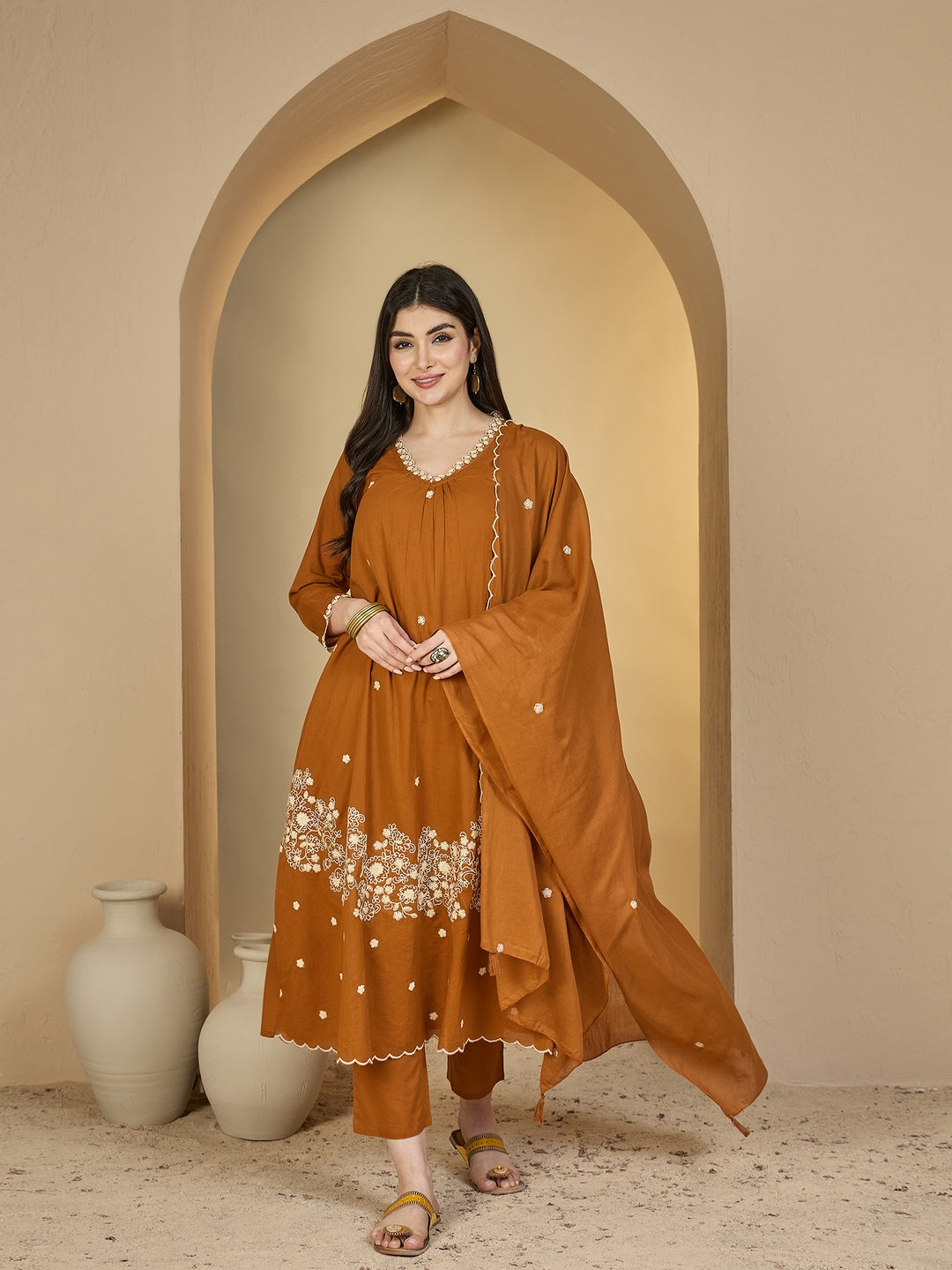 Cotton Calf Length Solid 3/4 Sleeves V-Neck A-Line Kurta Suit Set With Dupatta