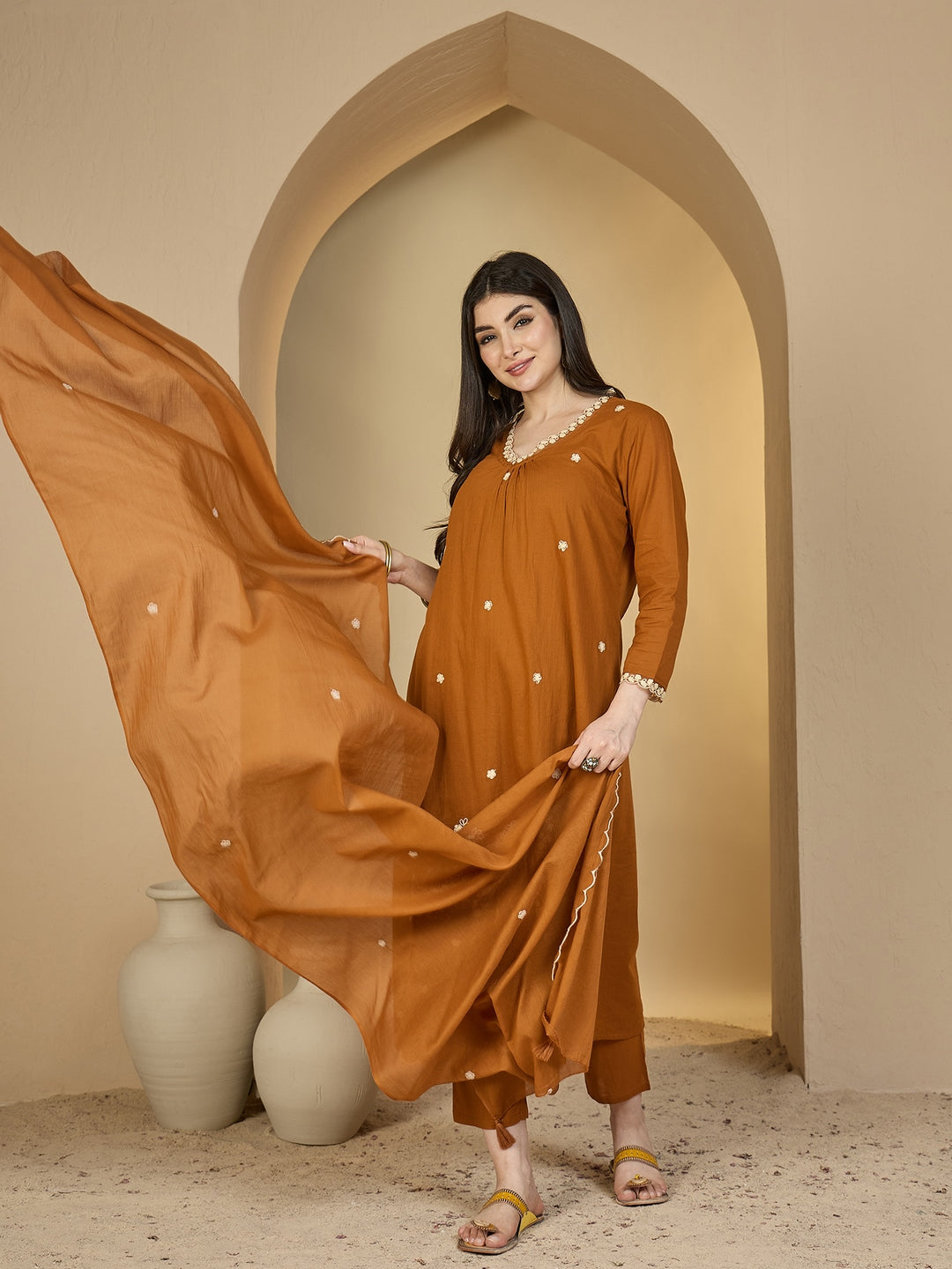 Cotton Calf Length Solid 3/4 Sleeves V-Neck A-Line Kurta Suit Set With Dupatta (Preorder)