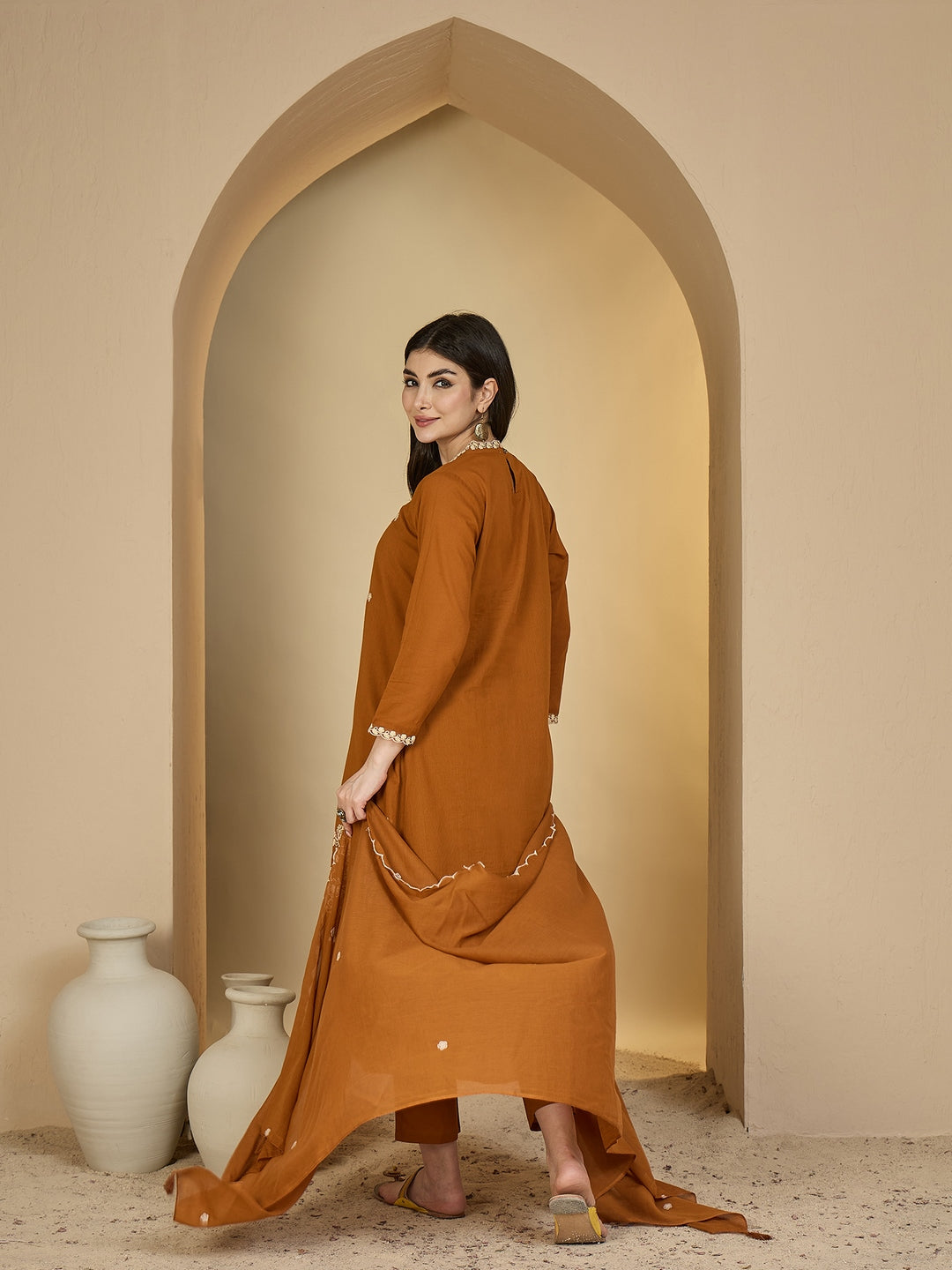 Cotton Calf Length Solid 3/4 Sleeves V-Neck A-Line Kurta Suit Set With Dupatta (Preorder)