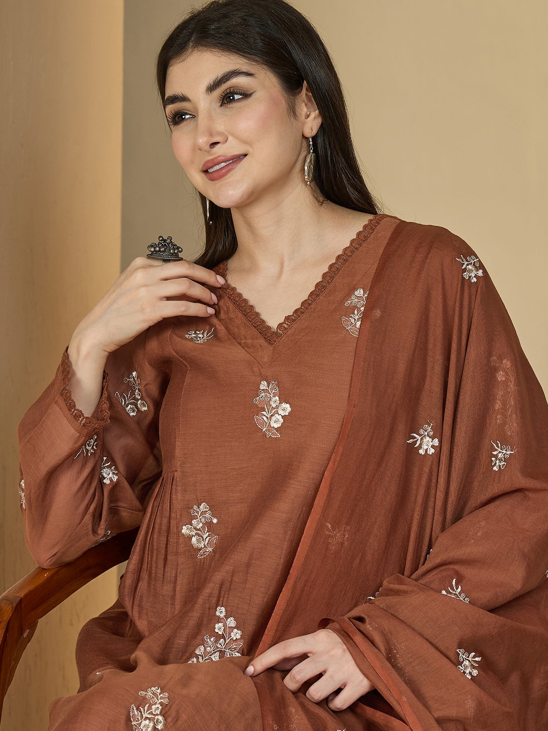 Chanderi Calf Length Solid 3/4 Sleeves V-Neck Flared Kurta Suit Set With Dupatta