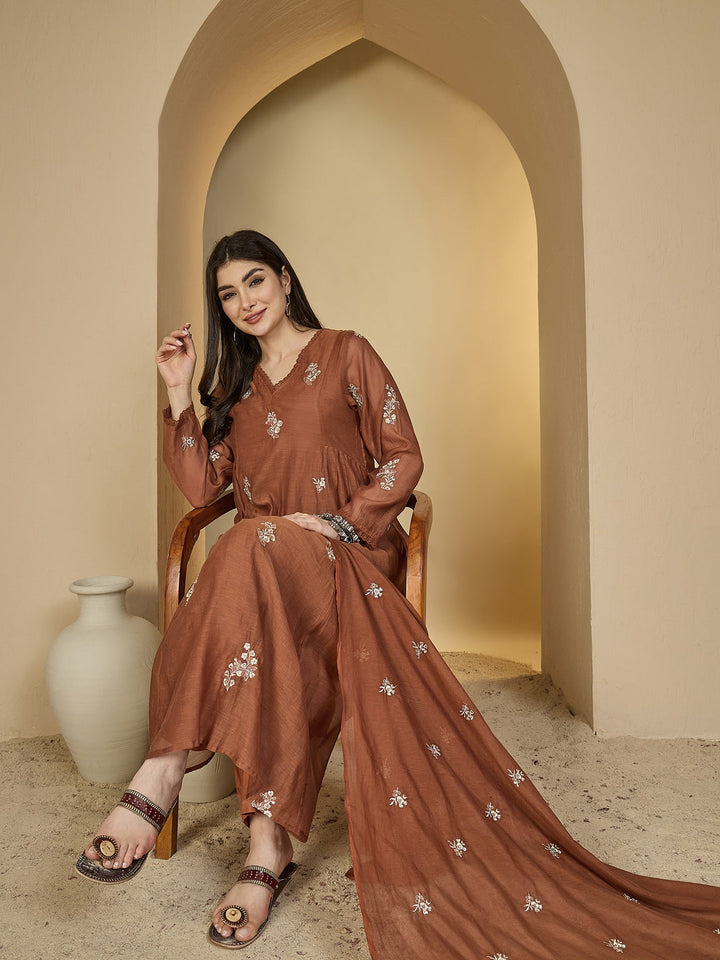 Chanderi Calf Length Solid 3/4 Sleeves V-Neck Flared Kurta Suit Set With Dupatta