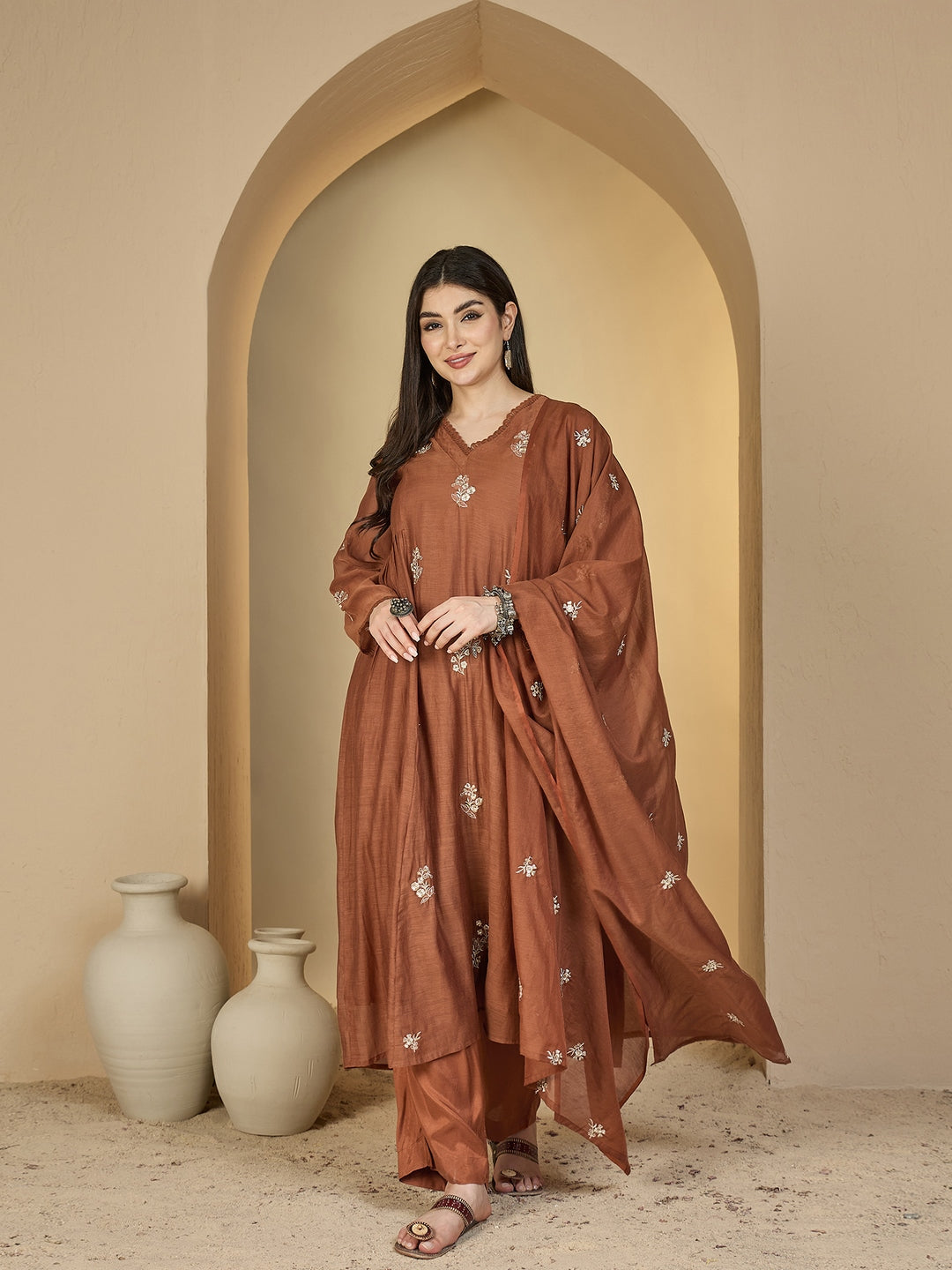 Chanderi Calf Length Solid 3/4 Sleeves V-Neck Flared Kurta Suit Set With Dupatta