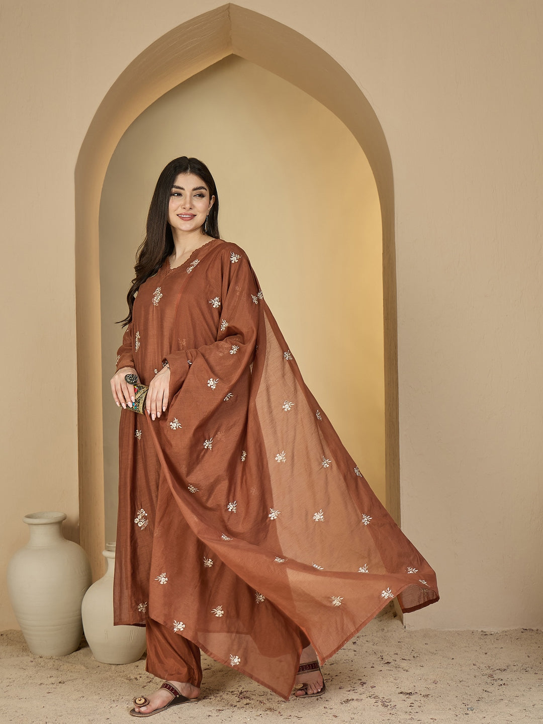 Chanderi Calf Length Solid 3/4 Sleeves V-Neck Flared Kurta Suit Set With Dupatta