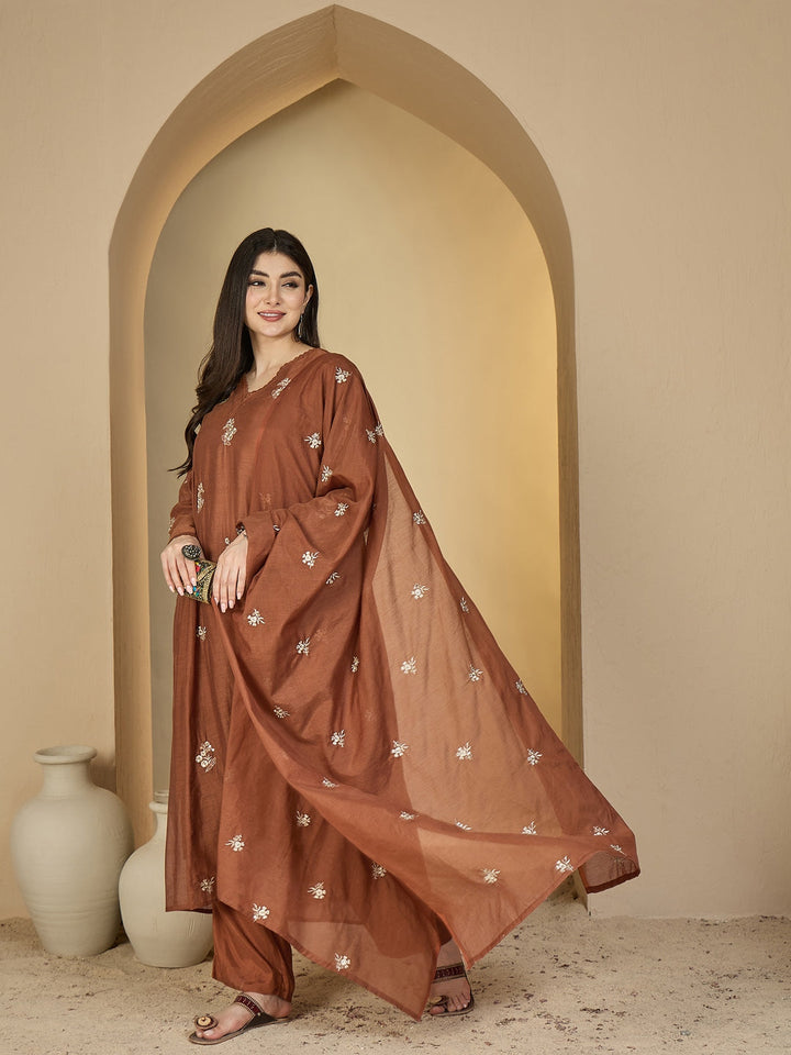 Chanderi Calf Length Solid 3/4 Sleeves V-Neck Flared Kurta Suit Set With Dupatta