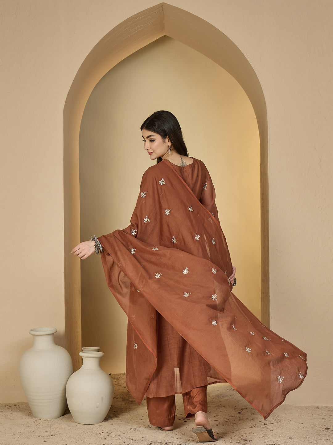 Chanderi Calf Length Solid 3/4 Sleeves V-Neck Flared Kurta Suit Set With Dupatta (Preorder)