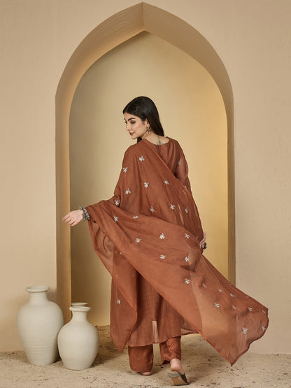 Chanderi Calf Length Solid 3/4 Sleeves V-Neck Flared Kurta Suit Set With Dupatta (Preorder)