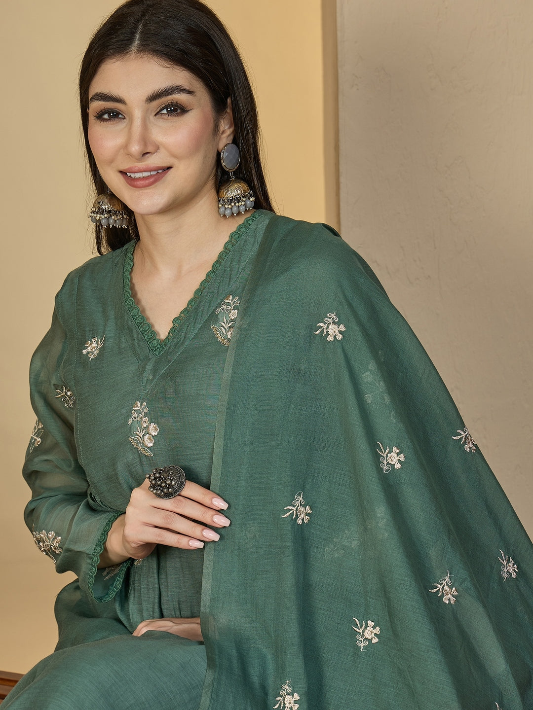 Chanderi Calf Length Solid 3/4 Sleeves V-Neck Flared Kurta Suit Set With Dupatta