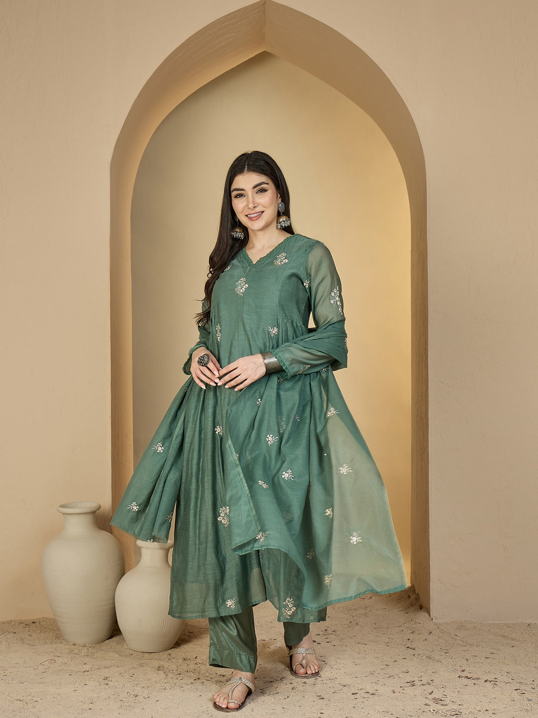 Chanderi Calf Length Solid 3/4 Sleeves V-Neck Flared Kurta Suit Set With Dupatta