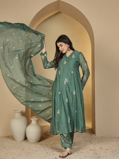 Chanderi Calf Length Solid 3/4 Sleeves V-Neck Flared Kurta Suit Set With Dupatta