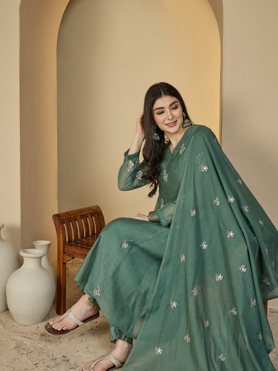 Chanderi Calf Length Solid 3/4 Sleeves V-Neck Flared Kurta Suit Set With Dupatta