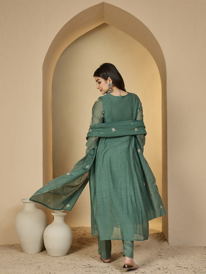 Chanderi Calf Length Solid 3/4 Sleeves V-Neck Flared Kurta Suit Set With Dupatta