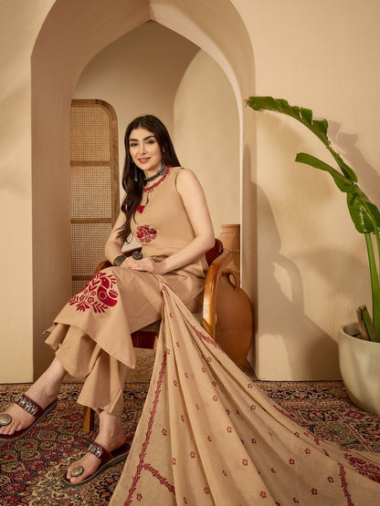 Cotton Calf Length Printed Sleeveless Round Neck Straight Kurta Suit Set With Dupatta (Preorder)