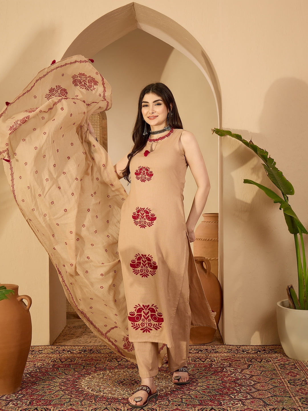 Cotton Calf Length Printed Sleeveless Round Neck Straight Kurta Suit Set With Dupatta