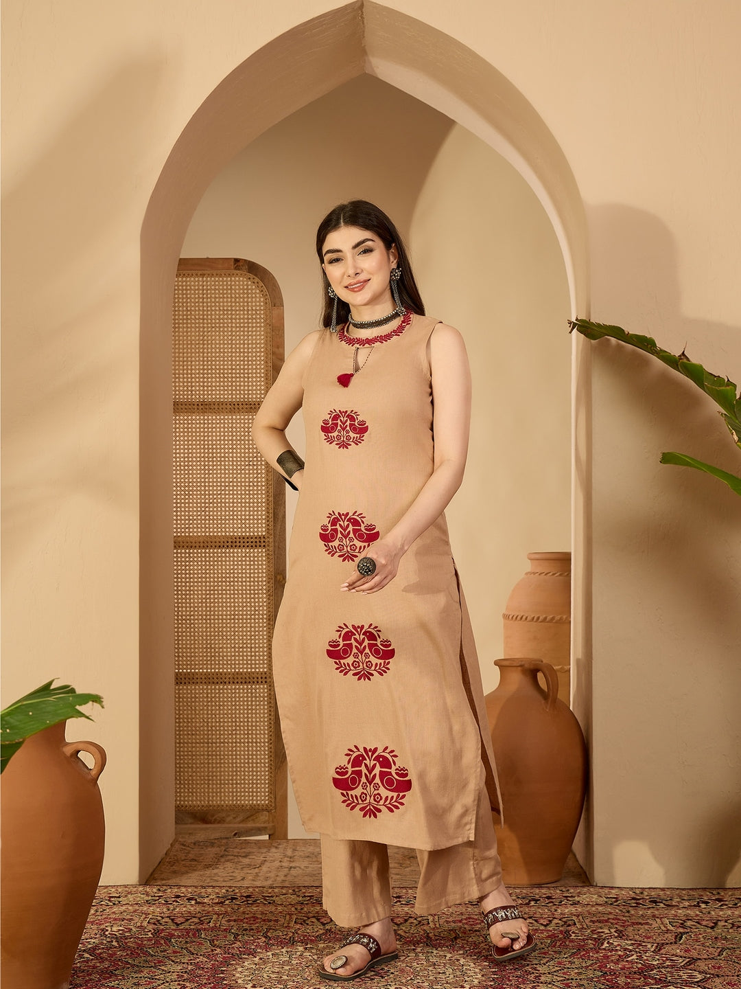 Cotton Calf Length Printed Sleeveless Round Neck Straight Kurta Suit Set With Dupatta (Preorder)
