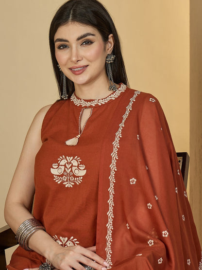 Cotton Calf Length Solid Sleeveless Round Neck Straight Kurta Suit Set With Dupatta