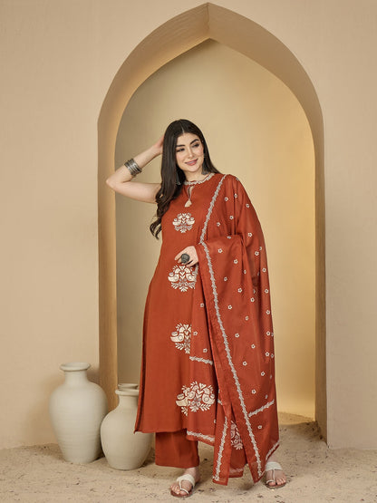 Cotton Calf Length Solid Sleeveless Round Neck Straight Kurta Suit Set With Dupatta