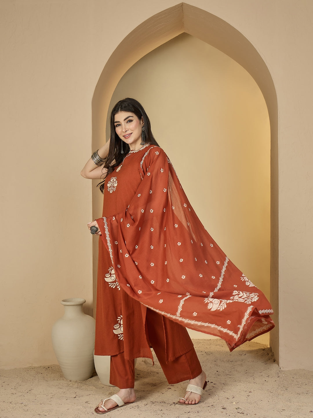 Cotton Calf Length Solid Sleeveless Round Neck Straight Kurta Suit Set With Dupatta