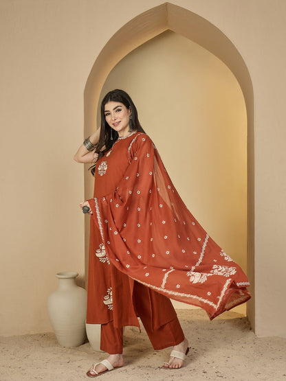 Cotton Calf Length Solid Sleeveless Round Neck Straight Kurta Suit Set With Dupatta