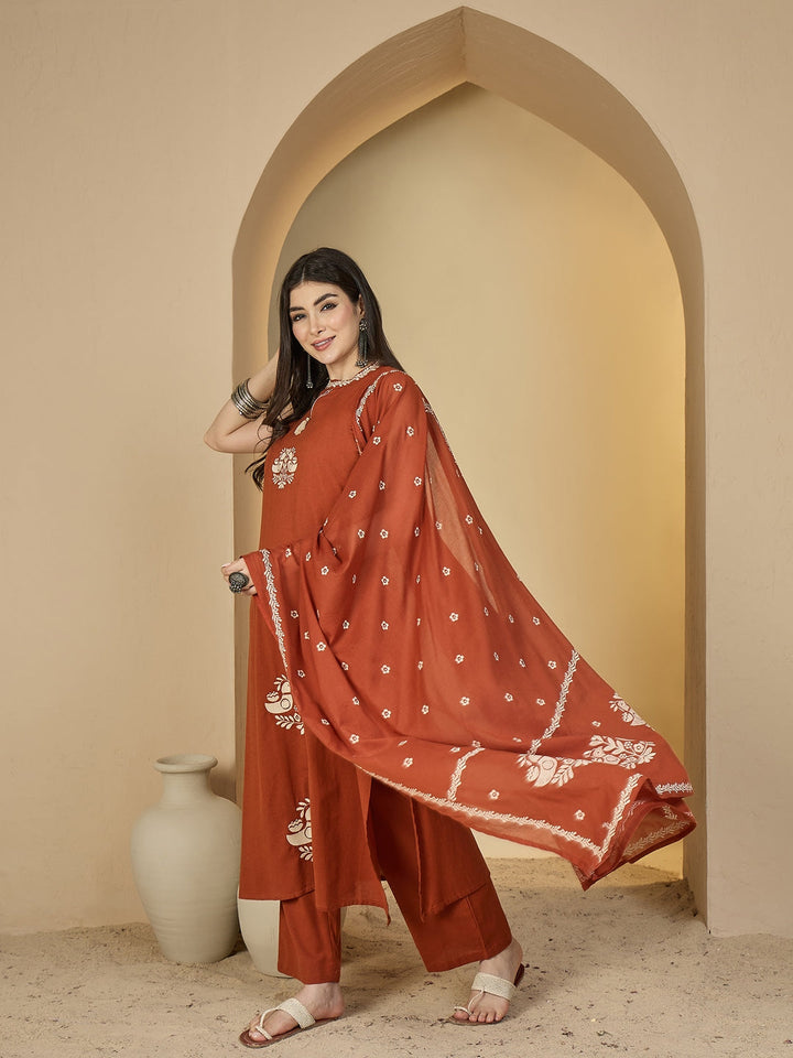 Cotton Calf Length Solid Sleeveless Round Neck Straight Kurta Suit Set With Dupatta