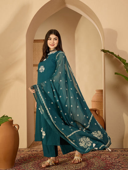 Cotton Calf Length Printed Sleeveless Round Neck Straight Kurta Suit Set With Dupatta