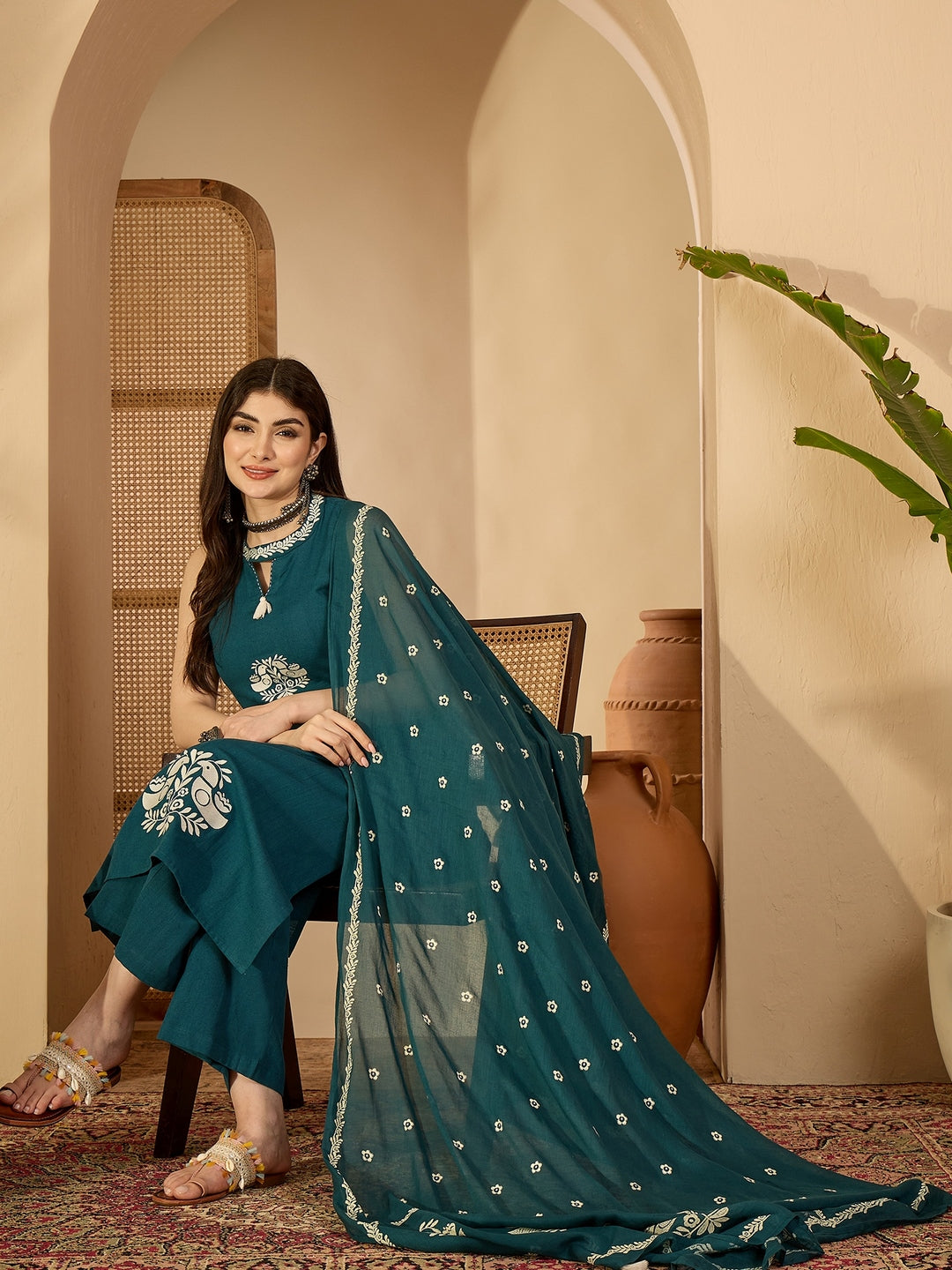 Cotton Calf Length Printed Sleeveless Round Neck Straight Kurta Suit Set With Dupatta (Preorder)