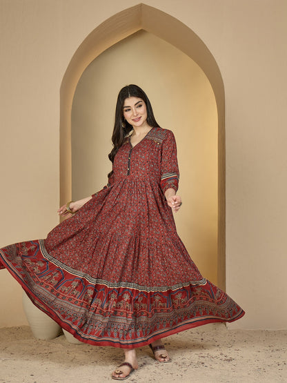 Cotton Calf Length Printed 3/4 Sleeves V-Neck Anarkali Kurta