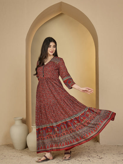 Cotton Calf Length Printed 3/4 Sleeves V-Neck Anarkali Kurta