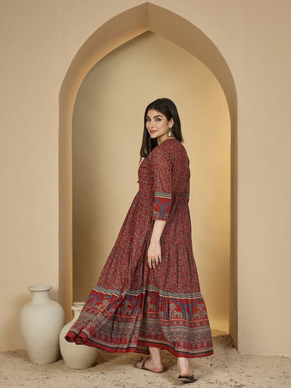 Cotton Calf Length Printed 3/4 Sleeves V-Neck Anarkali Kurta