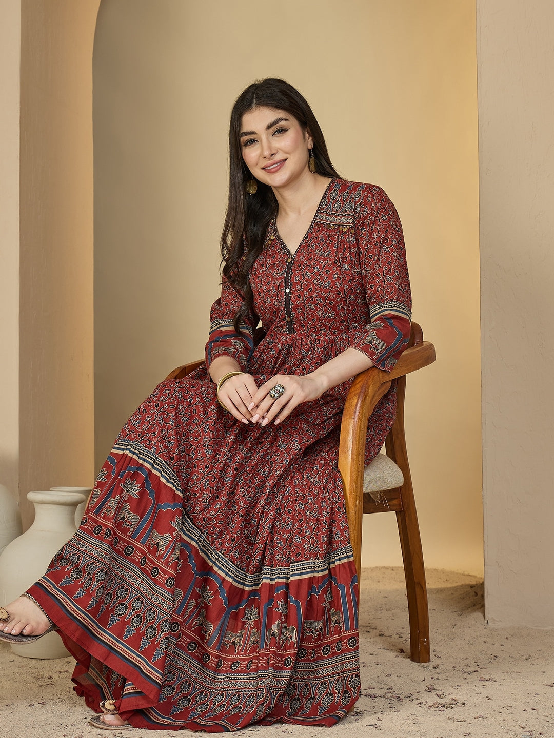 Cotton Calf Length Printed 3/4 Sleeves V-Neck Anarkali Kurta