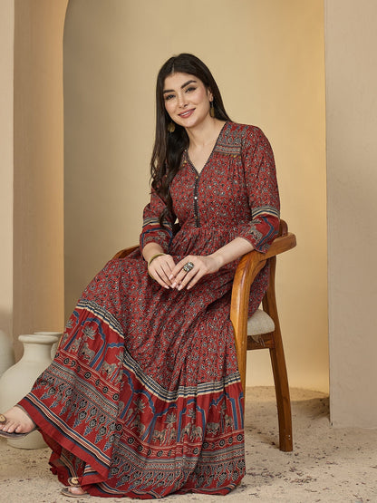 Cotton Calf Length Printed 3/4 Sleeves V-Neck Anarkali Kurta