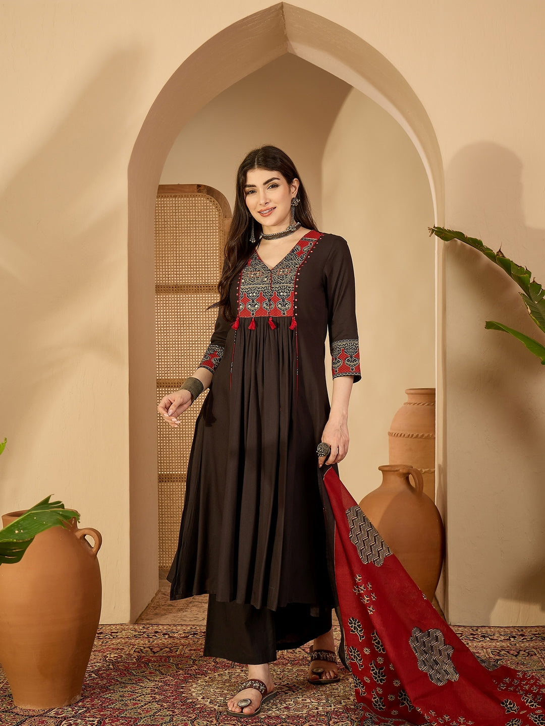 Rayon Calf Length Solid 3/4 Sleeve V-Neck Flared Kurta Suit Set With Dupatta