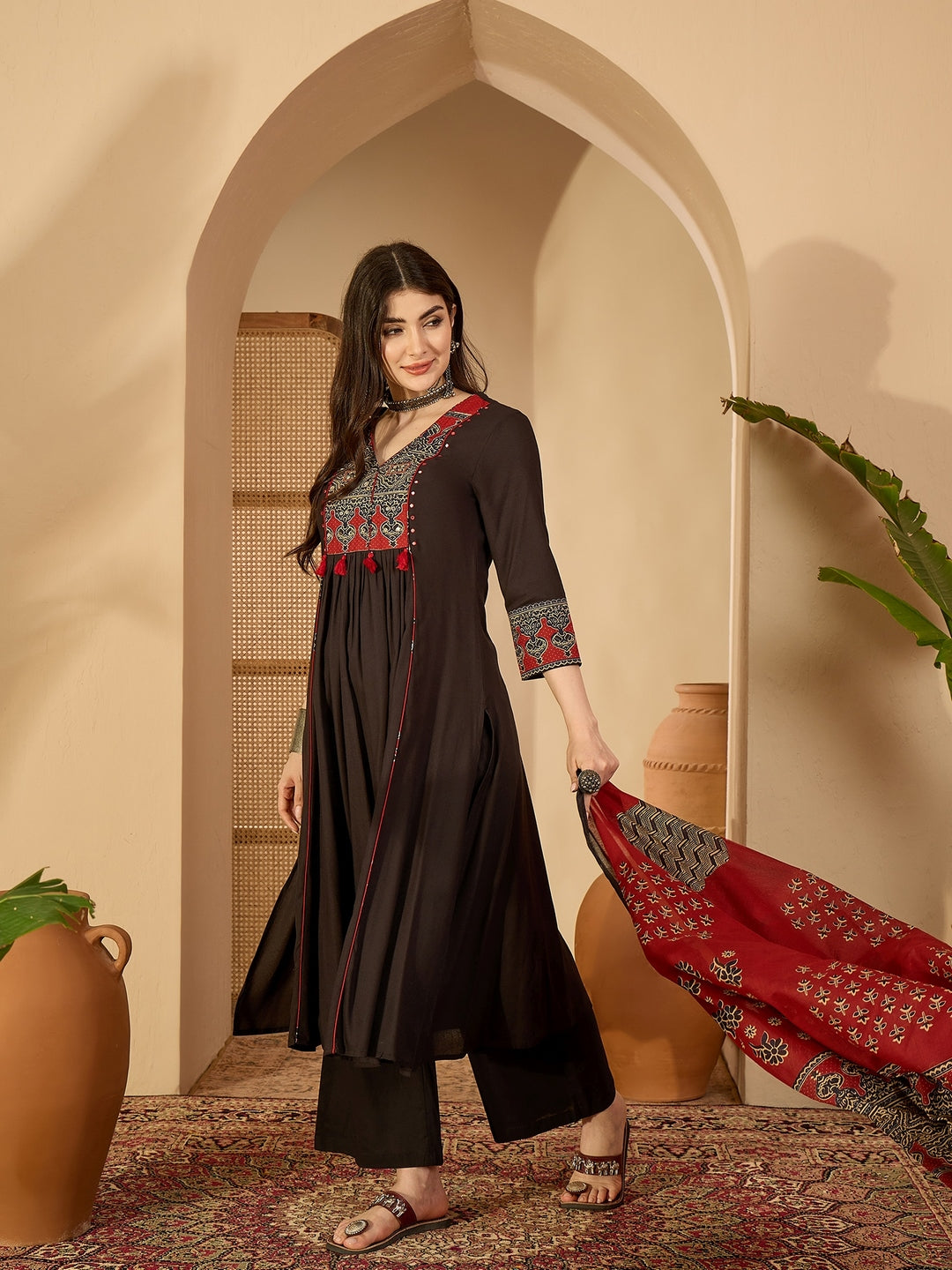 Rayon Calf Length Solid 3/4 Sleeve V-Neck Flared Kurta Suit Set With Dupatta