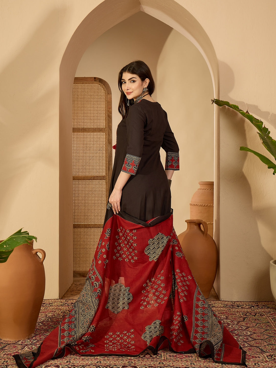 Rayon Calf Length Solid 3/4 Sleeve V-Neck Flared Kurta Suit Set With Dupatta