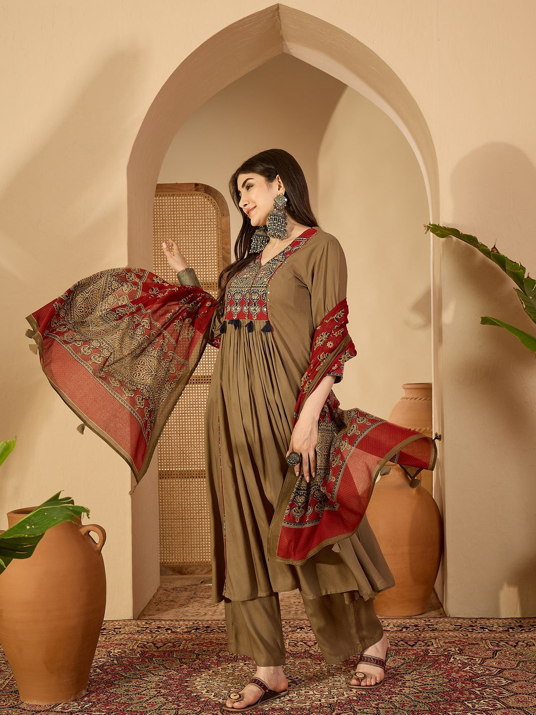 Rayon Calf Length Solid 3/4 Sleeve V-Neck Flared Kurta Suit Set With Dupatta