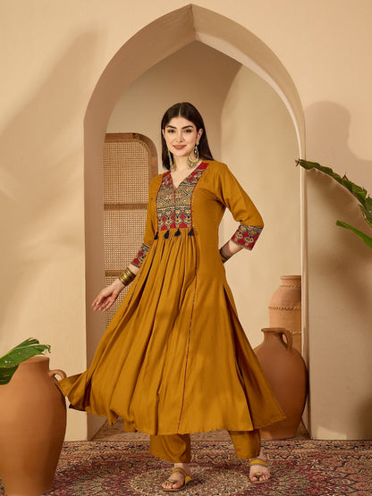 Rayon Calf Length Solid 3/4 Sleeve V-Neck Flared Kurta Suit Set With Dupatta (Preorder)