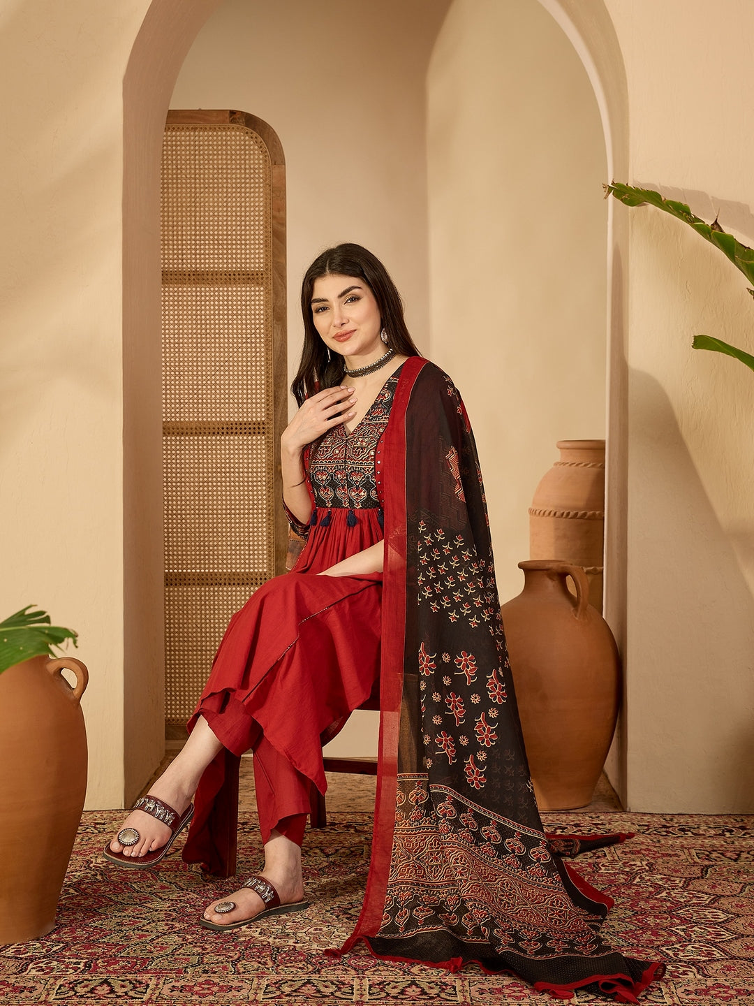 Rayon Calf Length Solid 3/4 Sleeve V-Neck Flared Kurta Suit Set With Dupatta