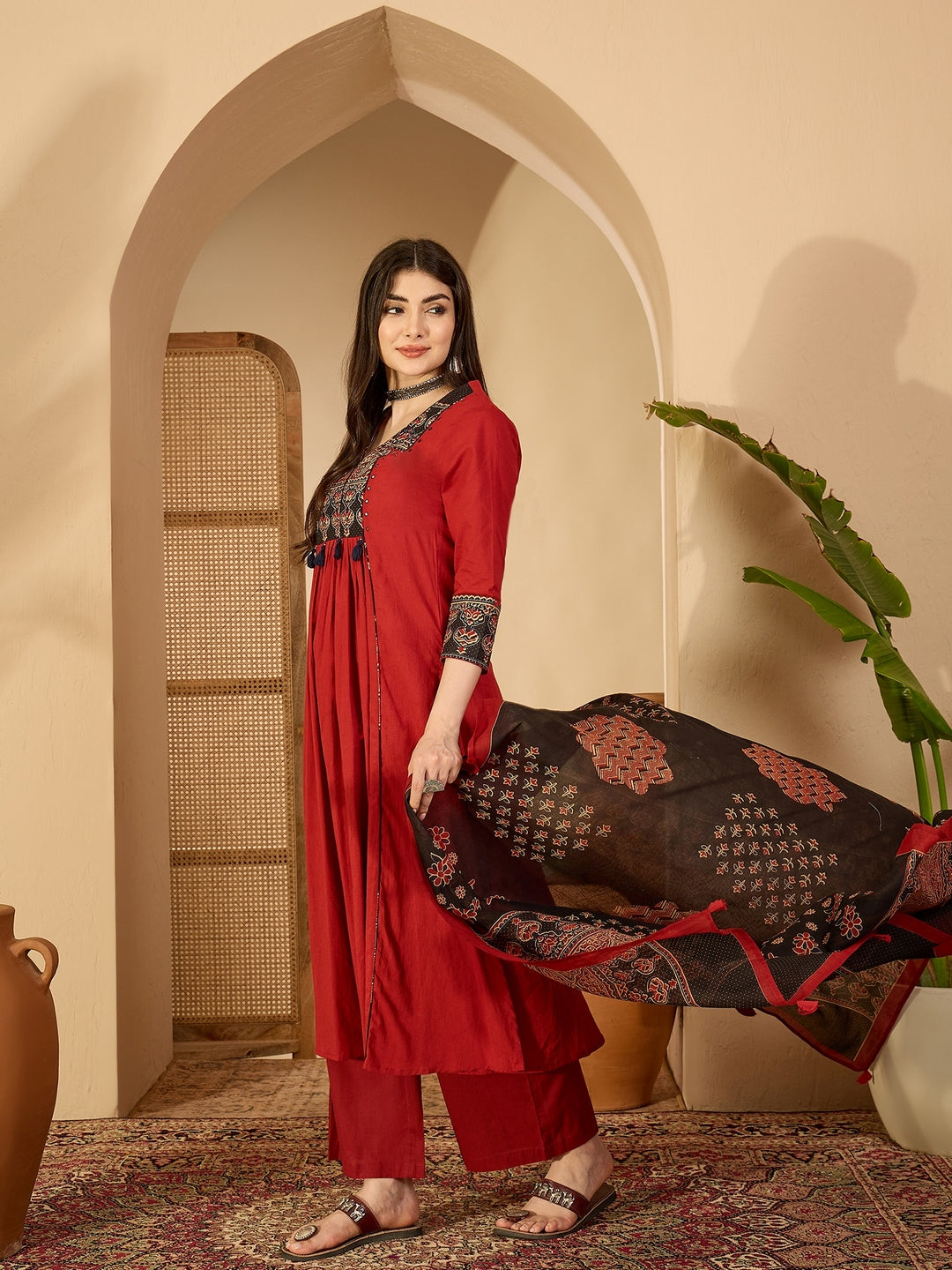 Rayon Calf Length Solid 3/4 Sleeve V-Neck Flared Kurta Suit Set With Dupatta (Preorder)