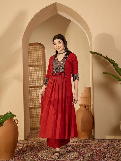 Rayon Calf Length Solid 3/4 Sleeve V-Neck Flared Kurta Suit Set With Dupatta (Preorder)