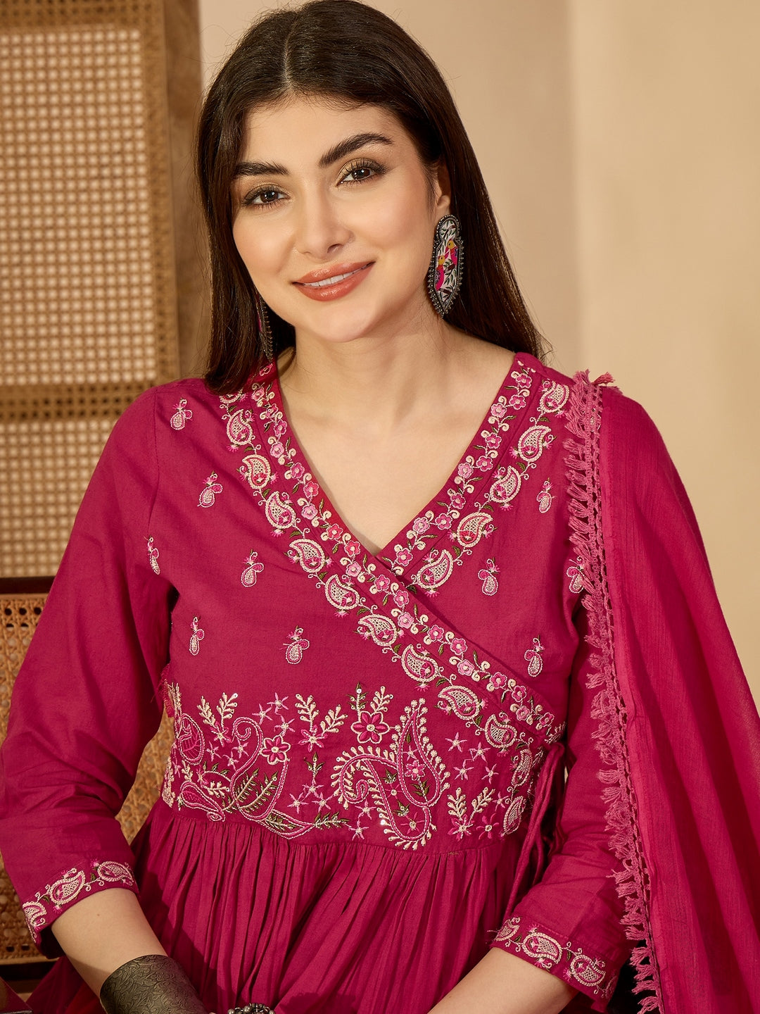 Cotton Calf Length Solid 3/4 Sleeve V-Neck Anarkali Kurta Suit Set With Dupatta