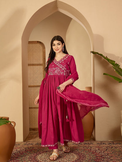 Cotton Calf Length Solid 3/4 Sleeve V-Neck Anarkali Kurta Suit Set With Dupatta (Preorder)