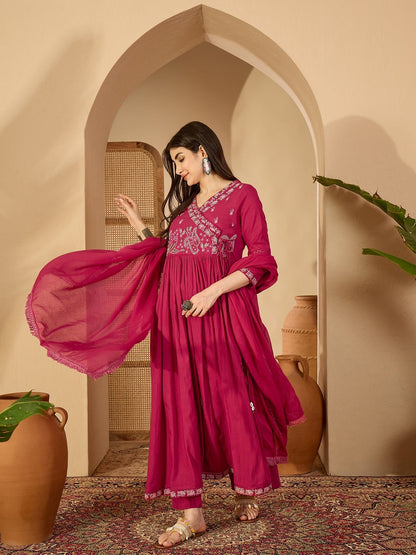 Cotton Calf Length Solid 3/4 Sleeve V-Neck Anarkali Kurta Suit Set With Dupatta