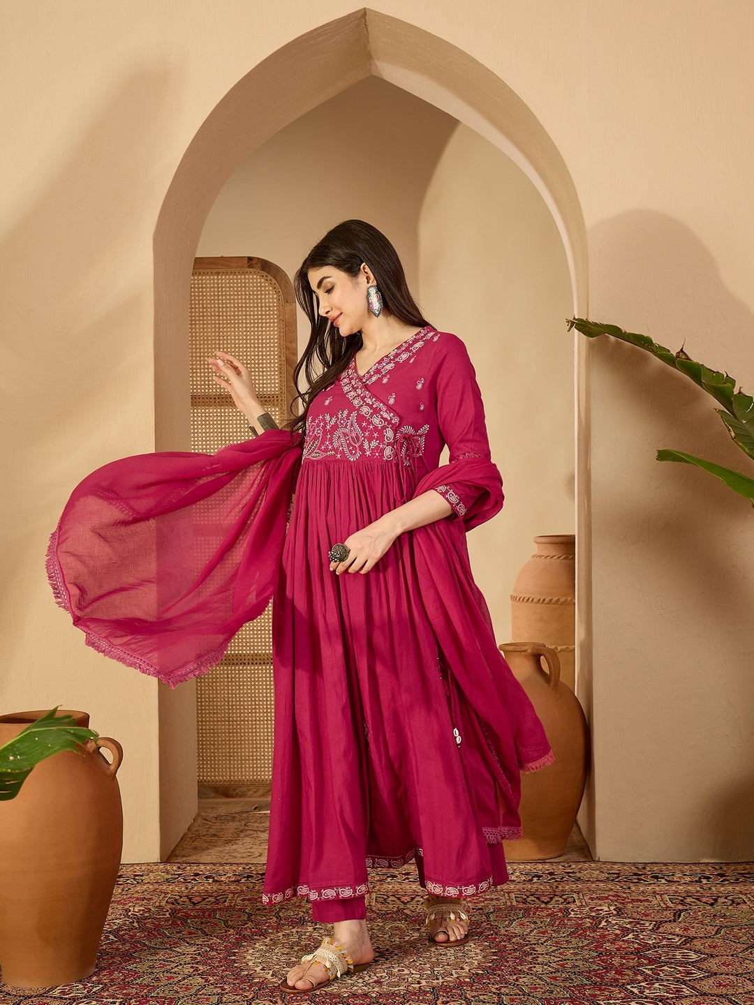 Cotton Calf Length Solid 3/4 Sleeve V-Neck Anarkali Kurta Suit Set With Dupatta (Preorder)