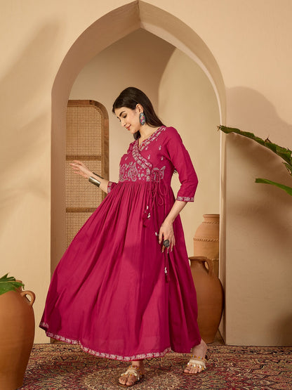 Cotton Calf Length Solid 3/4 Sleeve V-Neck Anarkali Kurta Suit Set With Dupatta