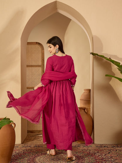 Cotton Calf Length Solid 3/4 Sleeve V-Neck Anarkali Kurta Suit Set With Dupatta (Preorder)