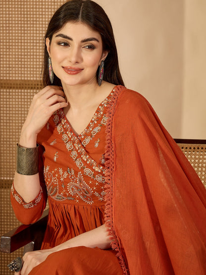 Cotton Calf Length Solid 3/4 Sleeve V-Neck Anarkali Kurta Suit Set With Dupatta (Preorder)