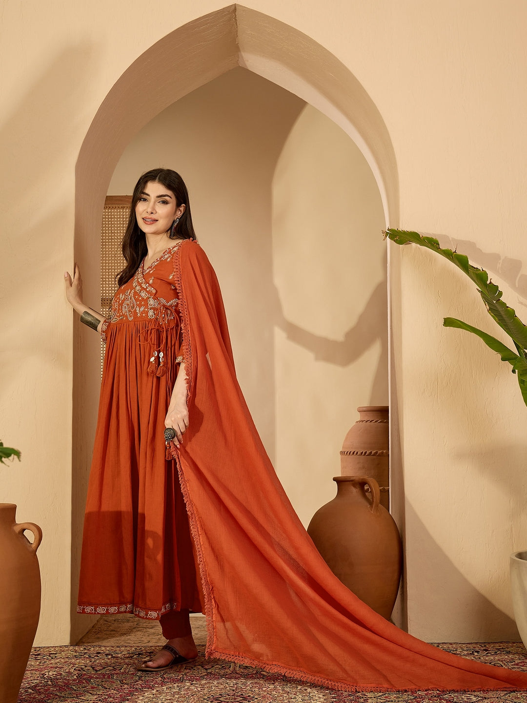 Cotton Calf Length Solid 3/4 Sleeve V-Neck Anarkali Kurta Suit Set With Dupatta (Preorder)